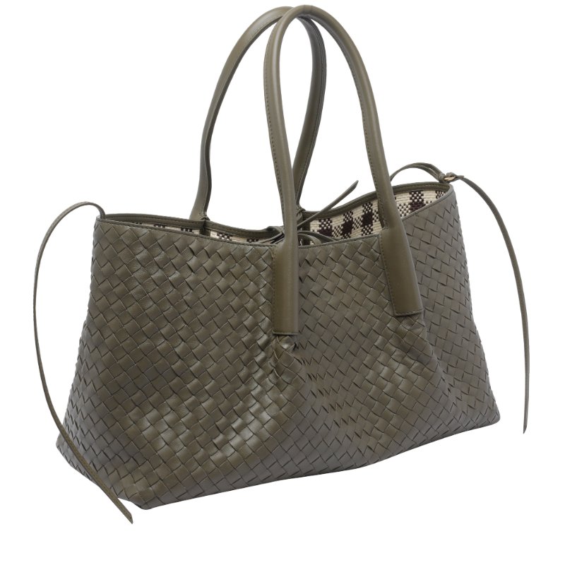 🎉新品好折扣✨Bottega veneta 雙面大款 Raffia 格紋及小牛皮Pinacoteca 包 柏樹綠-1