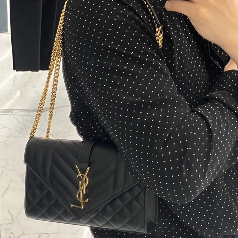 YSL聖羅蘭信荔枝牛皮斜紋拼菱格紋 信封包 斜背包 黑金-1