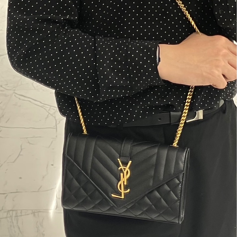YSL聖羅蘭信荔枝牛皮斜紋拼菱格紋 信封包 斜背包 黑金-2