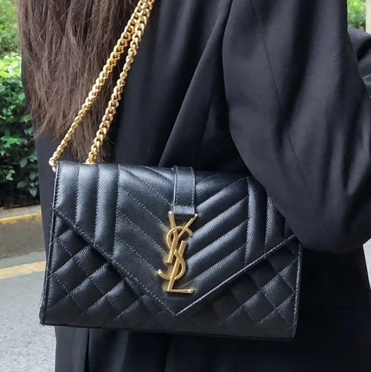 YSL聖羅蘭信荔枝牛皮斜紋拼菱格紋 信封包 斜背包 黑金-3