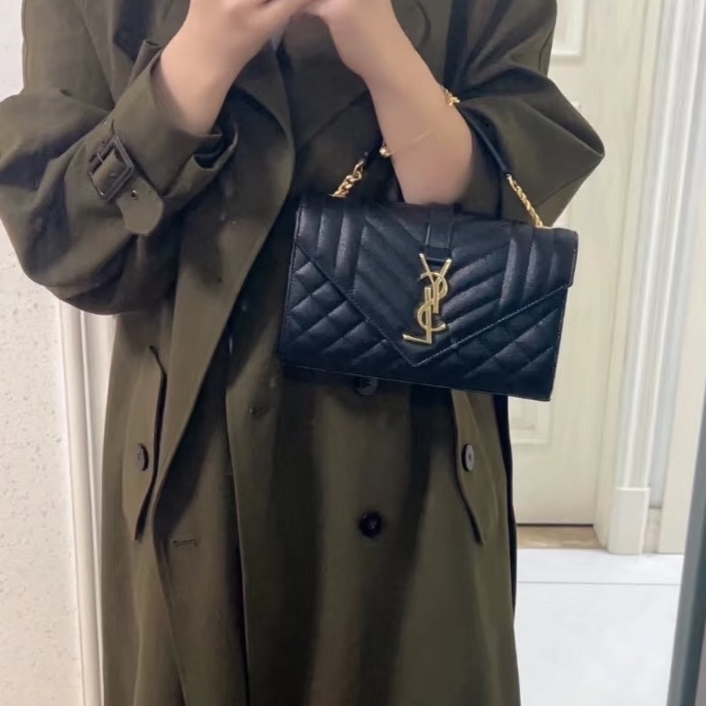 YSL聖羅蘭信荔枝牛皮斜紋拼菱格紋 信封包 斜背包 黑金-4