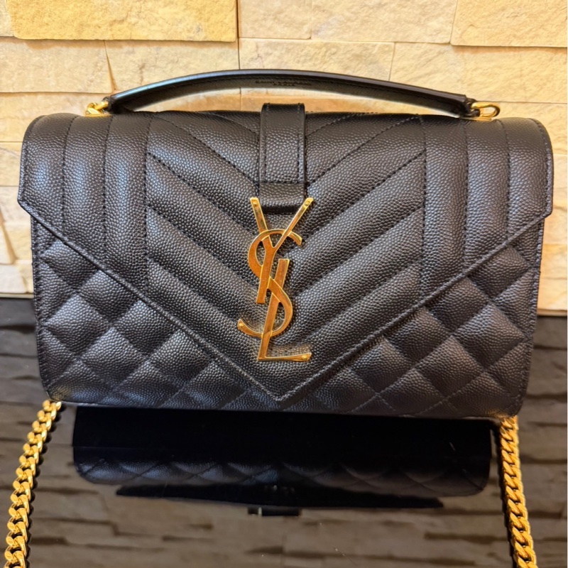 YSL聖羅蘭信荔枝牛皮斜紋拼菱格紋 信封包 斜背包 黑金-5