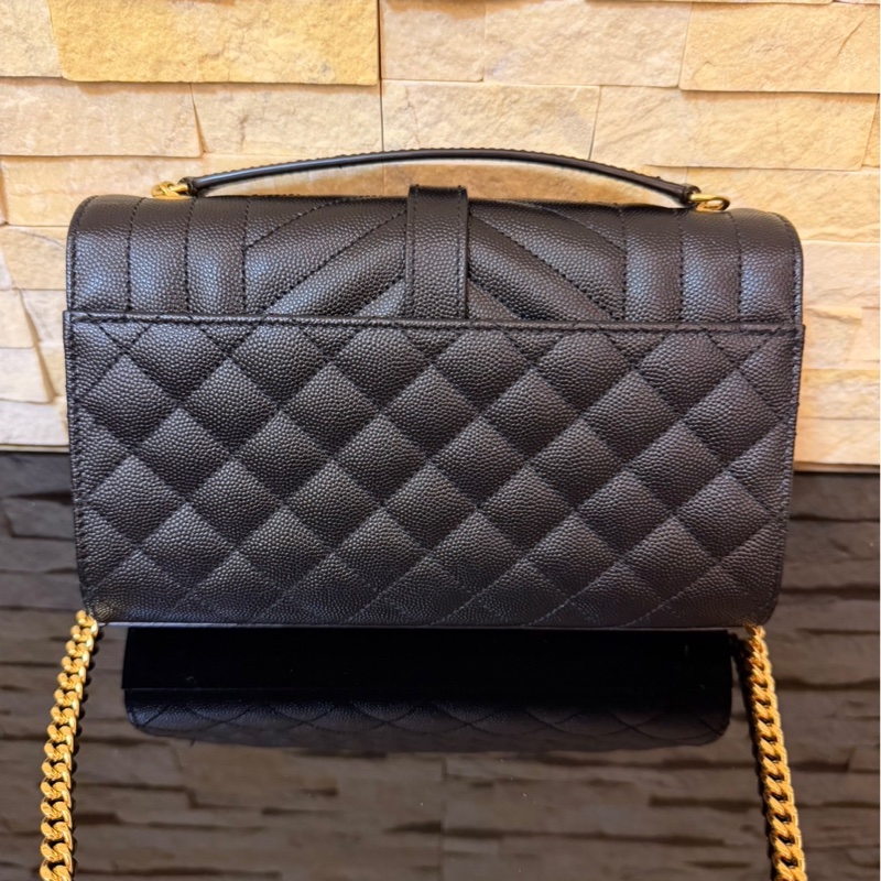 YSL聖羅蘭信荔枝牛皮斜紋拼菱格紋 信封包 斜背包 黑金-6