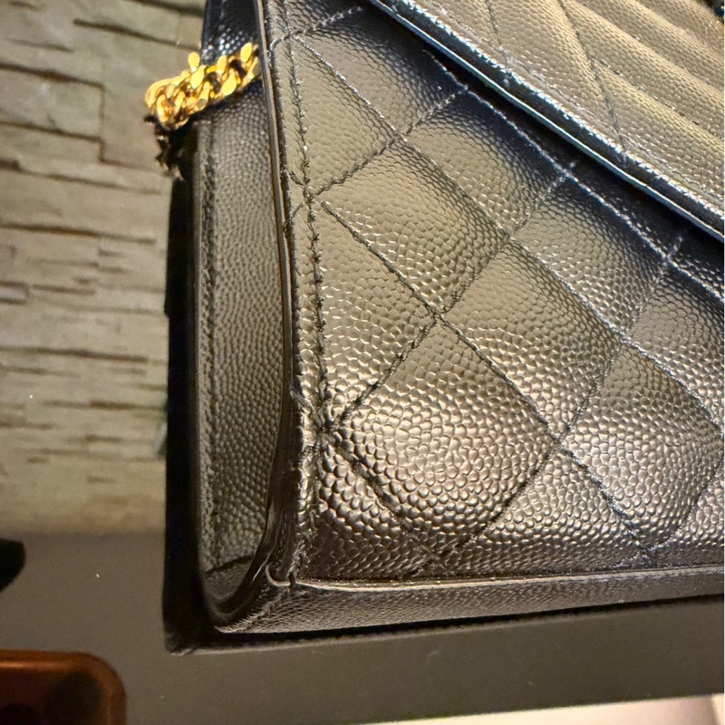 YSL聖羅蘭信荔枝牛皮斜紋拼菱格紋 信封包 斜背包 黑金-10