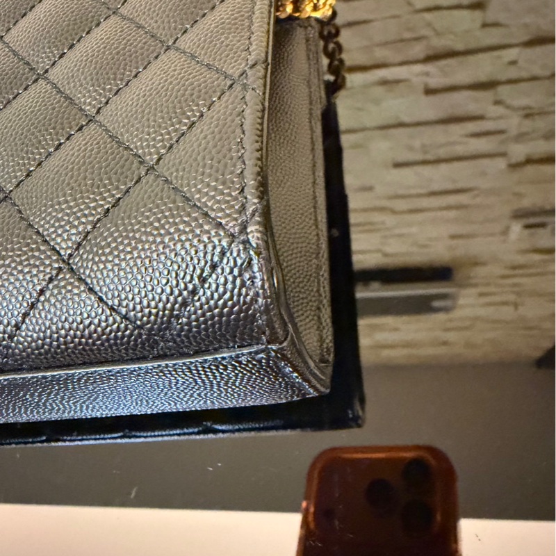 YSL聖羅蘭信荔枝牛皮斜紋拼菱格紋 信封包 斜背包 黑金-11