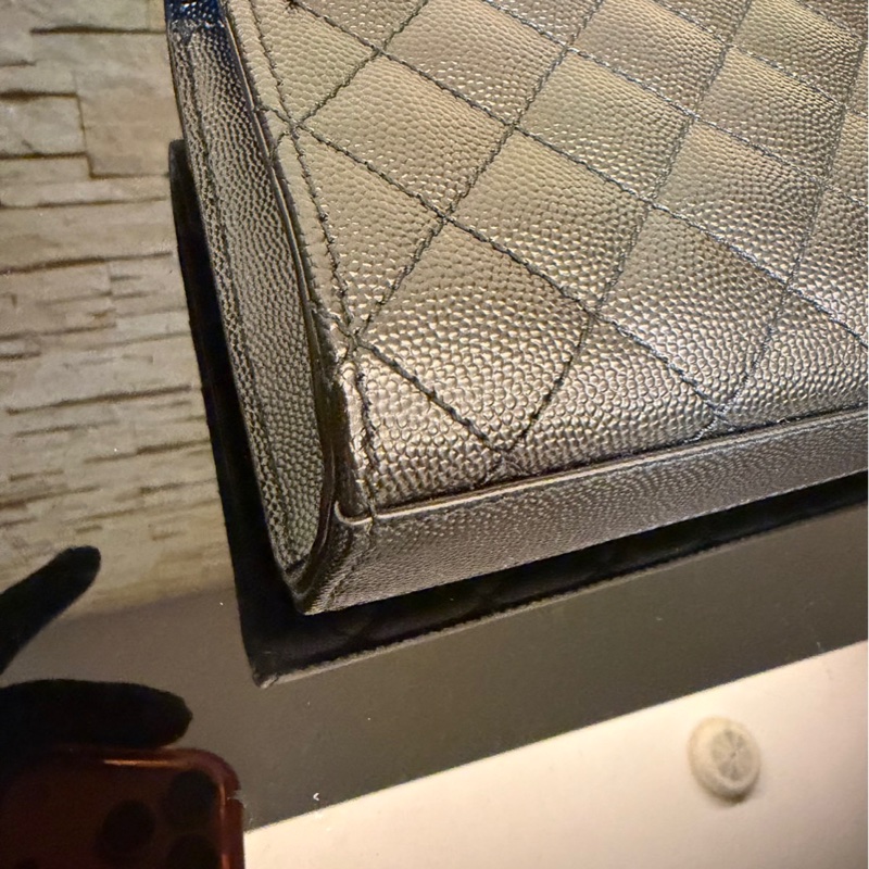 YSL聖羅蘭信荔枝牛皮斜紋拼菱格紋 信封包 斜背包 黑金-12