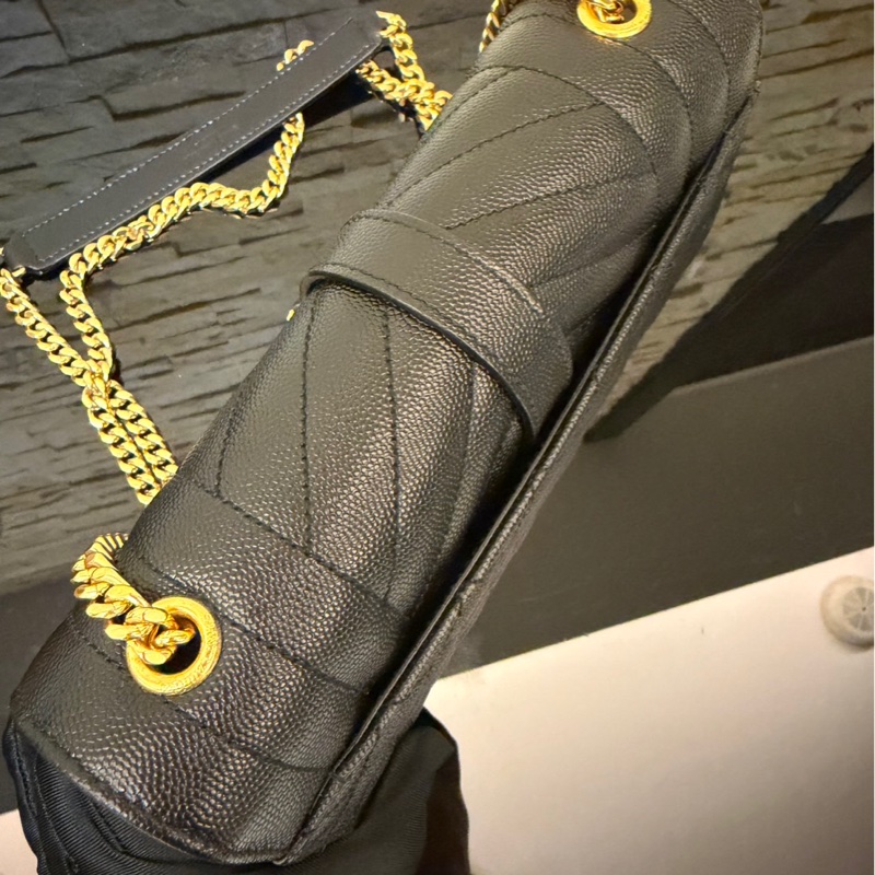 YSL聖羅蘭信荔枝牛皮斜紋拼菱格紋 信封包 斜背包 黑金-14