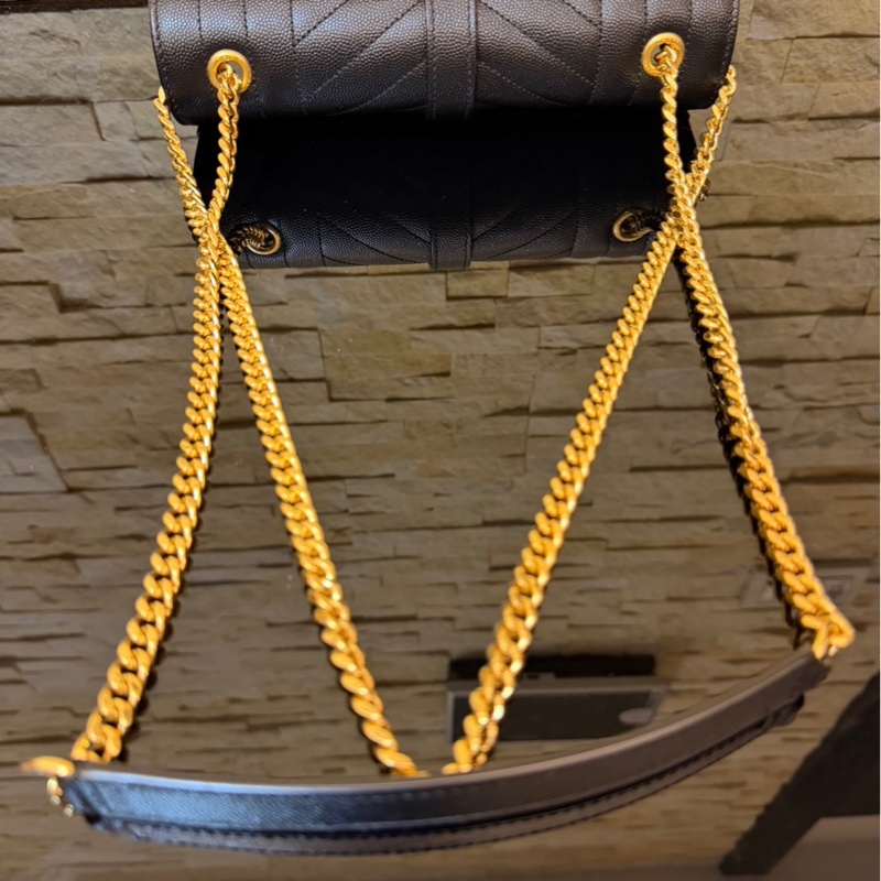 YSL聖羅蘭信荔枝牛皮斜紋拼菱格紋 信封包 斜背包 黑金-17