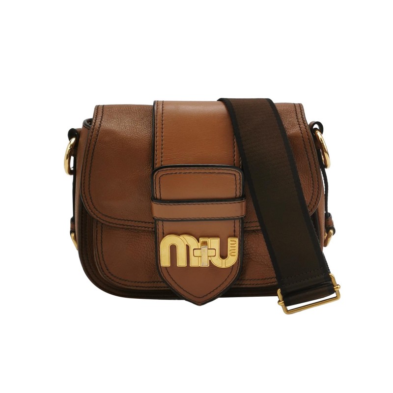 Miu Miu 牛皮羊皮純色字母Logo旋扣斜背包-0