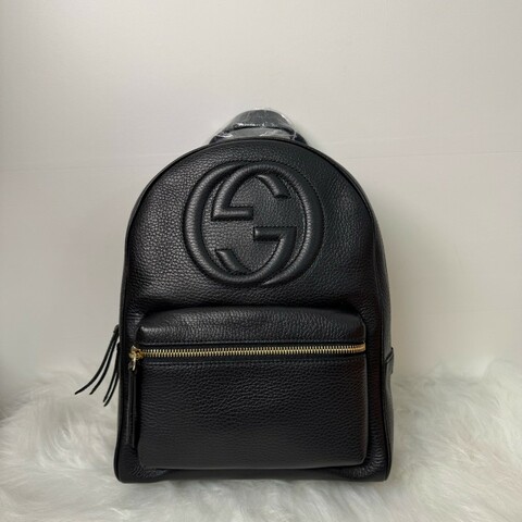 GUCCI 黑色牛皮荔枝紋雙G 後背包