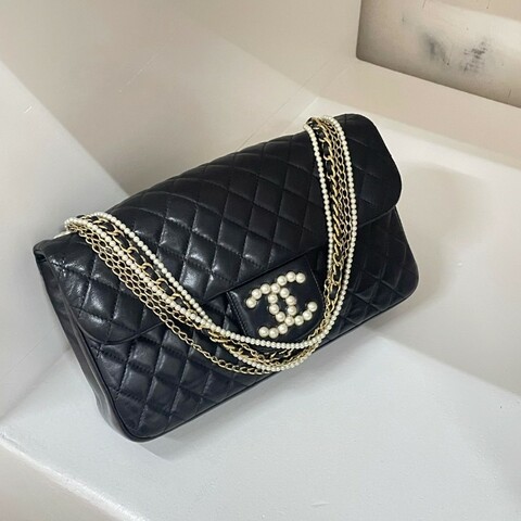 Chanel 黑金威斯敏斯特 珍珠鏈條包 底長25cm