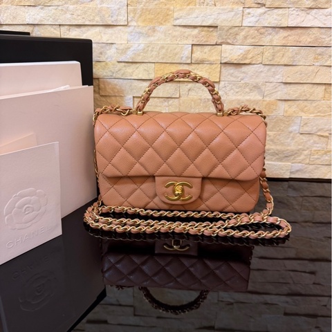 Chanel 香奈兒 新款25b手柄CF 焦糖色mini荔枝牛皮鏈條包 手提包 斜背包