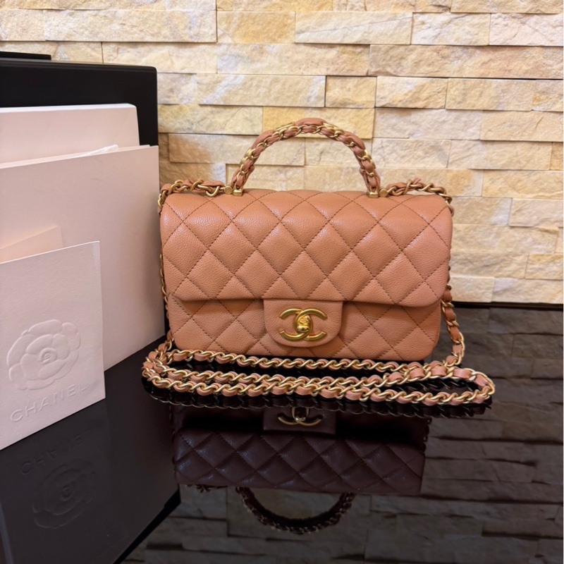 Chanel 香奈兒 新款25b手柄CF 焦糖色mini荔枝牛皮鏈條包 手提包 斜背包-0