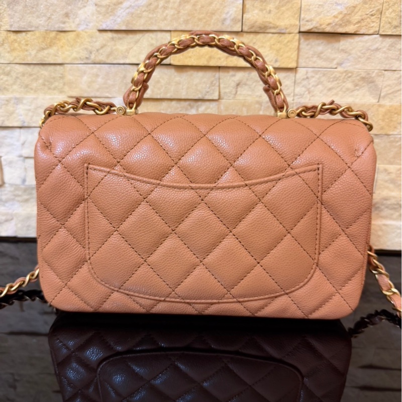 Chanel 香奈兒 新款25b手柄CF 焦糖色mini荔枝牛皮鏈條包 手提包 斜背包-4