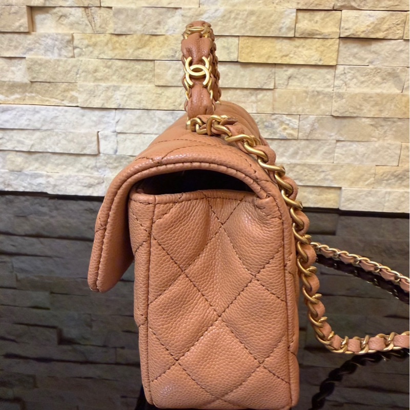 Chanel 香奈兒 新款25b手柄CF 焦糖色mini荔枝牛皮鏈條包 手提包 斜背包-6