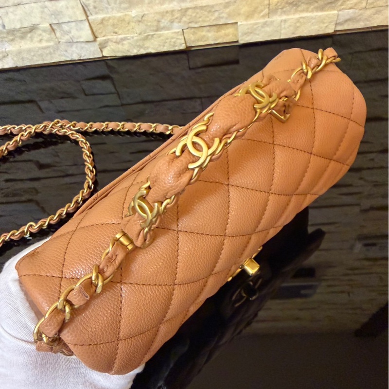 Chanel 香奈兒 新款25b手柄CF 焦糖色mini荔枝牛皮鏈條包 手提包 斜背包-12