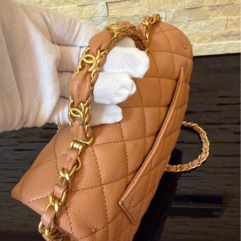 Chanel 香奈兒 新款25b手柄CF 焦糖色mini荔枝牛皮鏈條包 手提包 斜背包-13