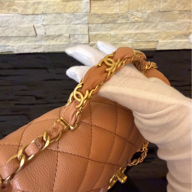 Chanel 香奈兒 新款25b手柄CF 焦糖色mini荔枝牛皮鏈條包 手提包 斜背包-16