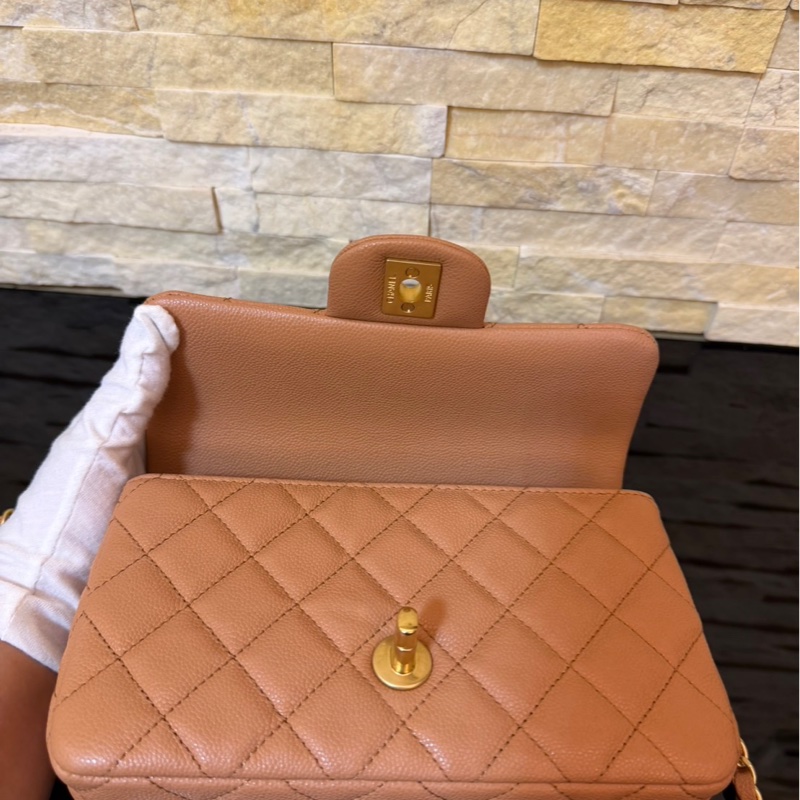 Chanel 香奈兒 新款25b手柄CF 焦糖色mini荔枝牛皮鏈條包 手提包 斜背包-19