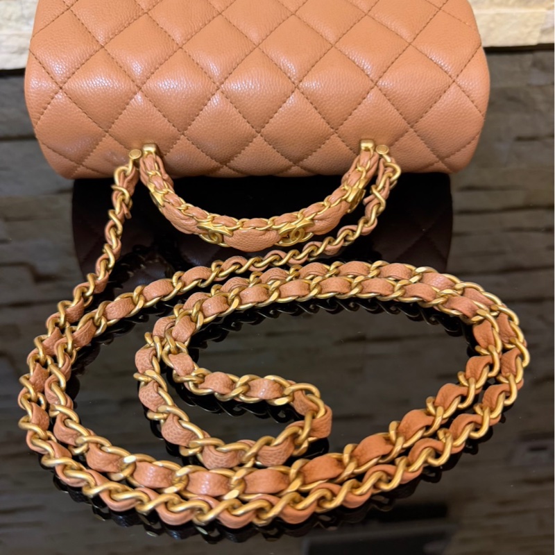 Chanel 香奈兒 新款25b手柄CF 焦糖色mini荔枝牛皮鏈條包 手提包 斜背包-28