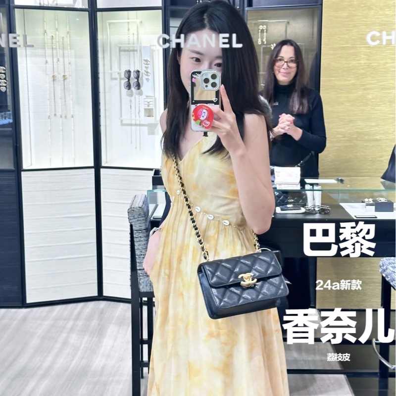 Chanel 香奈兒24a新款荔枝牛皮方胖子 黑金-2