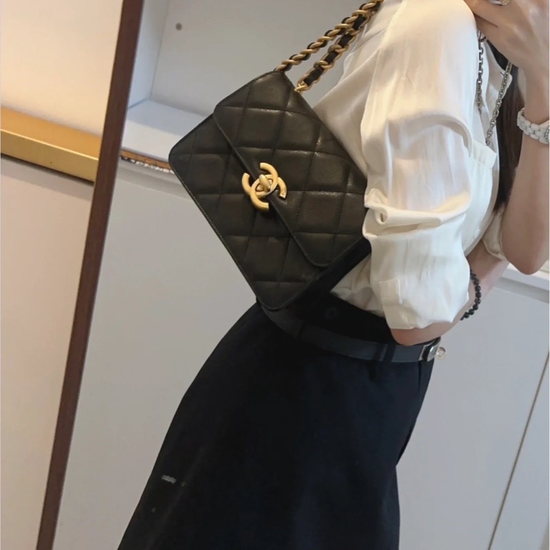 Chanel 香奈兒24a新款荔枝牛皮方胖子 黑金-3