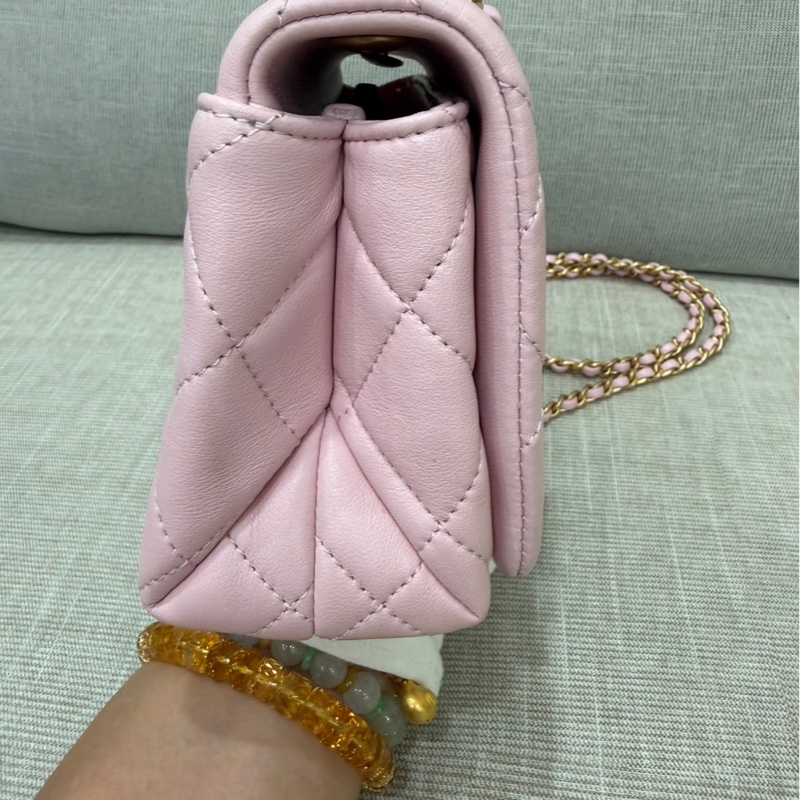 CHANEL香奈兒 新款粉色琺瑯調節扣mini cf羊皮方胖子-8
