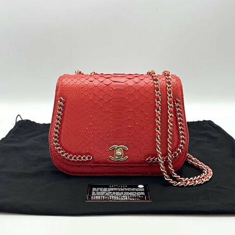 CHANEL 紅金蛇皮鏈條滾邊斜背馬鞍包20*13*7 98新配件塵袋保卡