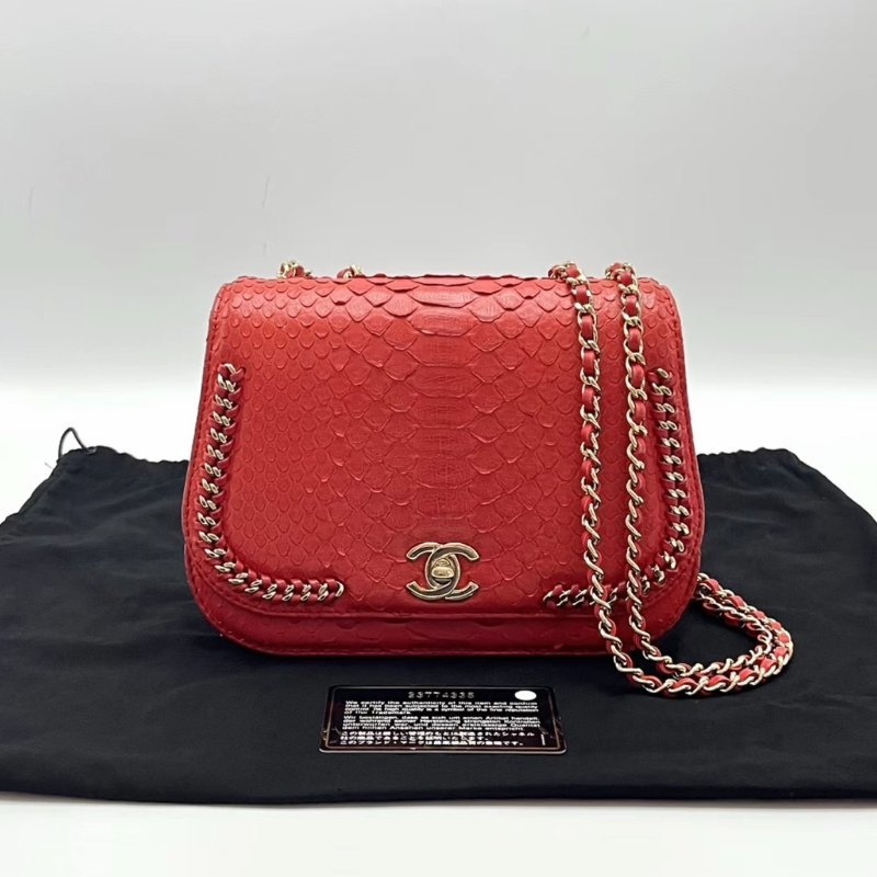 CHANEL 紅金蛇皮鏈條滾邊斜背馬鞍包20*13*7 98新配件塵袋保卡-0