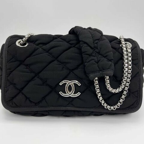 CHANEL 黑銀CF中號布面泡芙雲朵包25*16*5 98新配件塵袋