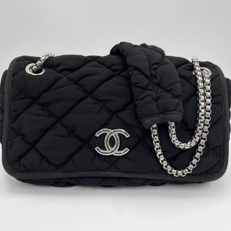 CHANEL 黑銀CF中號布面泡芙雲朵包25*16*5 98新配件塵袋-0