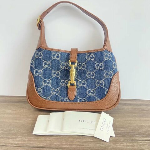 GUCCI 藍色丹寧老花Jackie mini1961手提腋下包19*13*3 98新配件塵袋