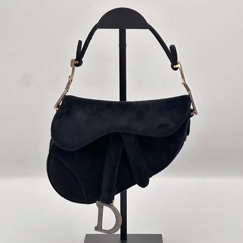 DIOR 黑色馬鞍絲絨鑽扣手提包19*15*6 98新配件塵袋