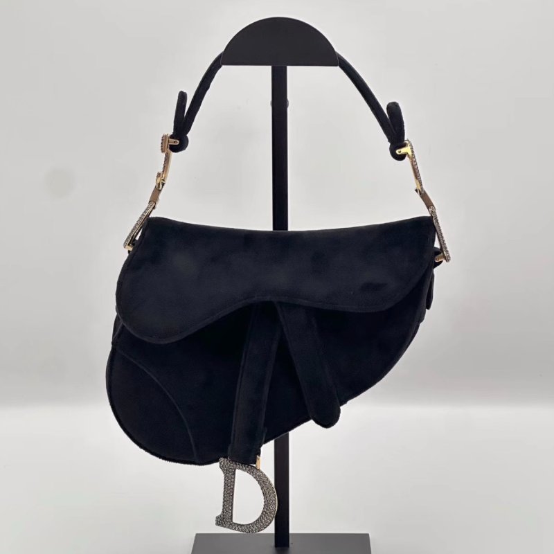 DIOR 黑色馬鞍絲絨鑽扣手提包19*15*6 98新配件塵袋-0