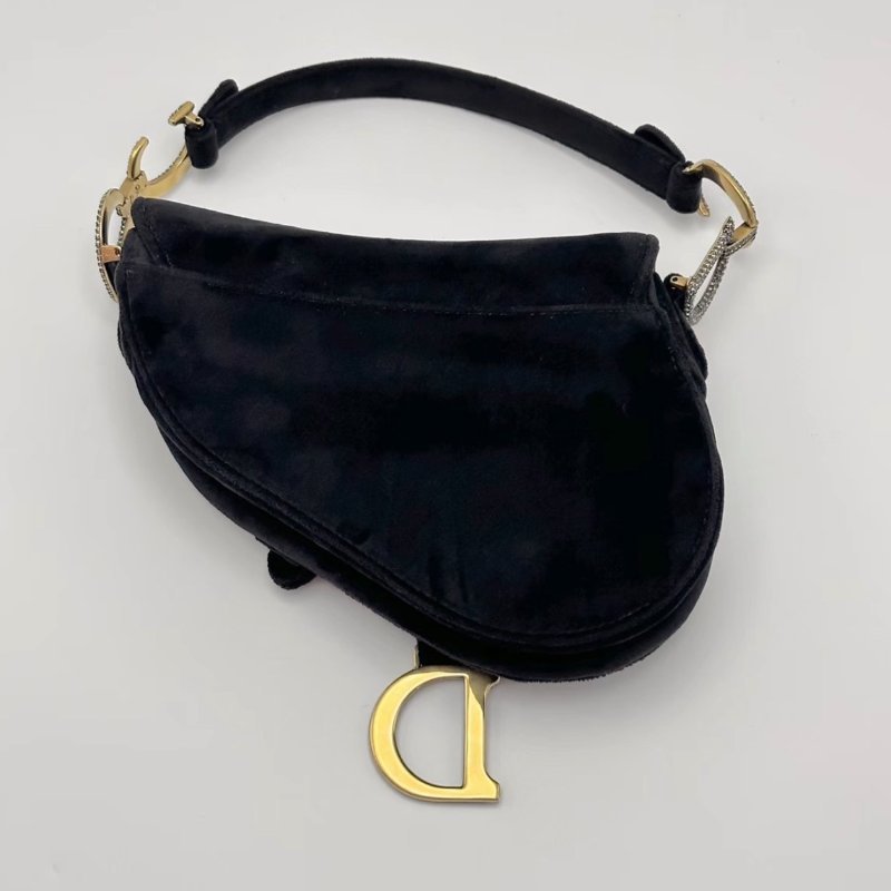 DIOR 黑色馬鞍絲絨鑽扣手提包19*15*6 98新配件塵袋-2