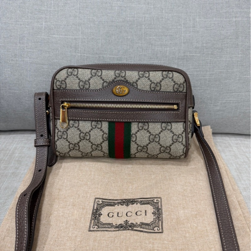 GUCCI 經典Ophidia GG印花帆布迷你郵差包 肩背包 斜背包 卡其棕-0