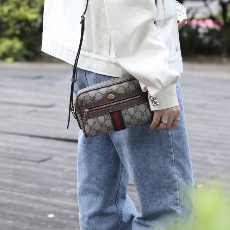 GUCCI 經典Ophidia GG印花帆布迷你郵差包 肩背包 斜背包 卡其棕-1