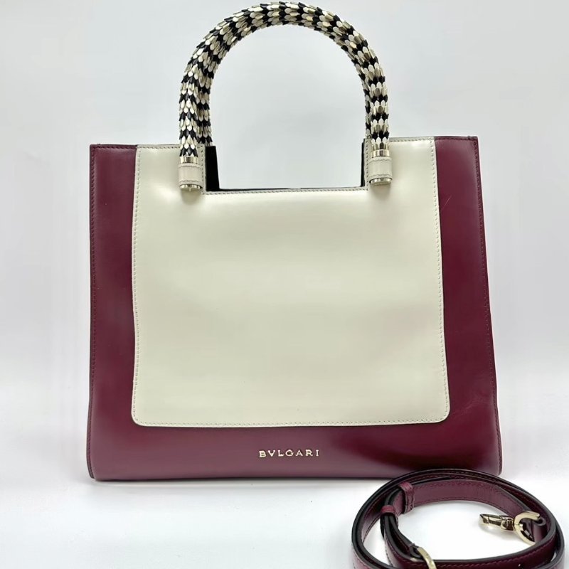 BVLGARI 米色酒紅拼色限量金屬手柄手提肩背包 31*26*13.5 98新配件塵袋-0