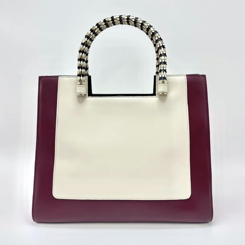 BVLGARI 米色酒紅拼色限量金屬手柄手提肩背包 31*26*13.5 98新配件塵袋-1