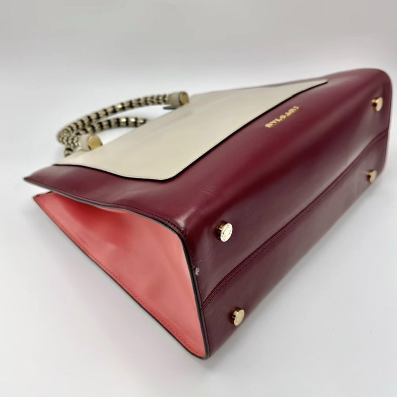 BVLGARI 米色酒紅拼色限量金屬手柄手提肩背包 31*26*13.5 98新配件塵袋-4