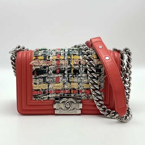 CHANEL 橘色Leboy小號毛呢編織肩背斜背包20*13*6.5 98新配件塵袋