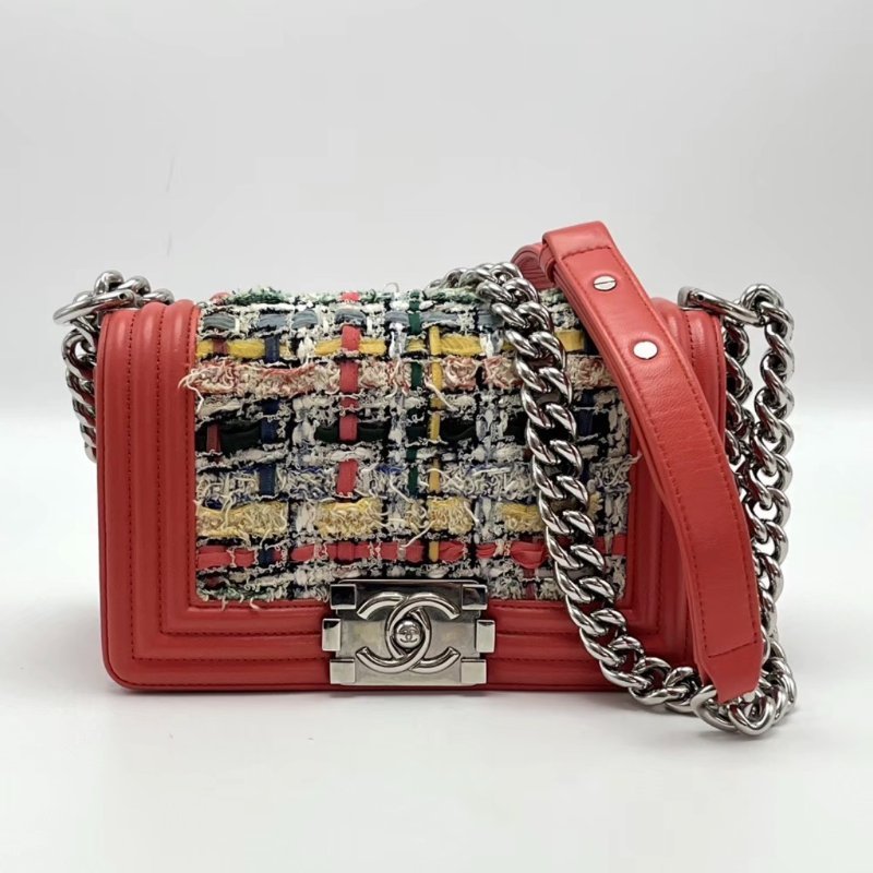 CHANEL 橘色Leboy小號毛呢編織肩背斜背包20*13*6.5 98新配件塵袋-0