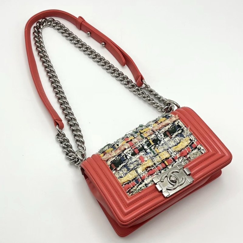 CHANEL 橘色Leboy小號毛呢編織肩背斜背包20*13*6.5 98新配件塵袋-2