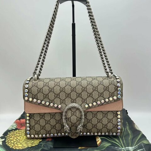 GUCCI 老花酒神鑲邊水鑽中號肩背斜背鏈條包28*17*9 98新配件塵袋