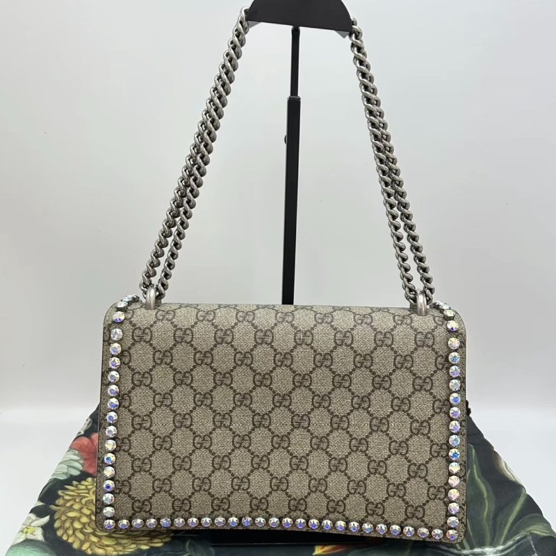 GUCCI 老花酒神鑲邊水鑽中號肩背斜背鏈條包28*17*9 98新配件塵袋-1