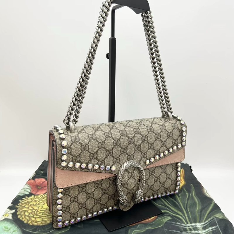GUCCI 老花酒神鑲邊水鑽中號肩背斜背鏈條包28*17*9 98新配件塵袋-2