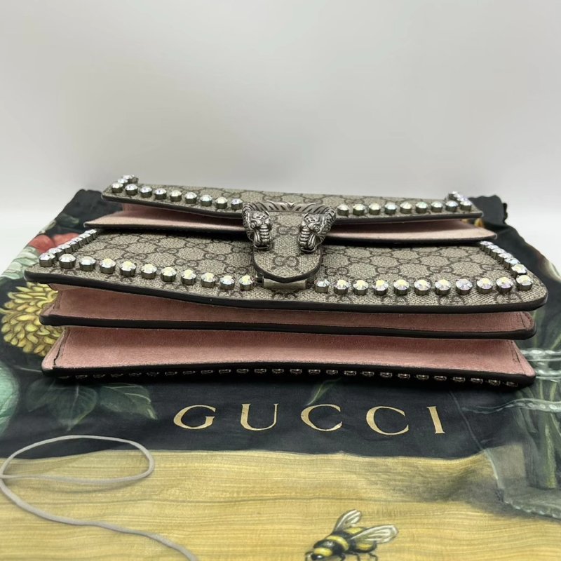 GUCCI 老花酒神鑲邊水鑽中號肩背斜背鏈條包28*17*9 98新配件塵袋-4