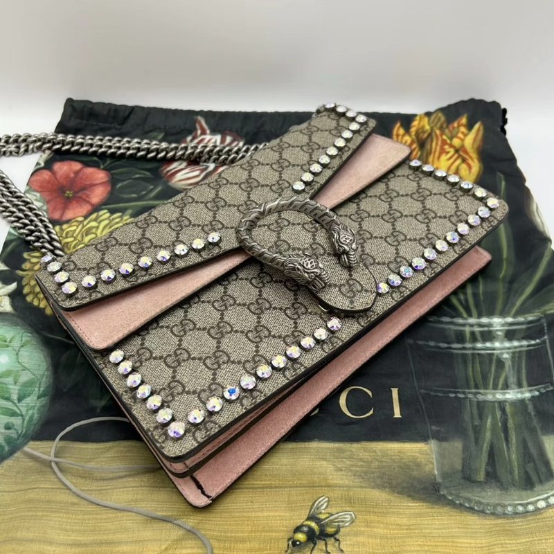 GUCCI 老花酒神鑲邊水鑽中號肩背斜背鏈條包28*17*9 98新配件塵袋-5