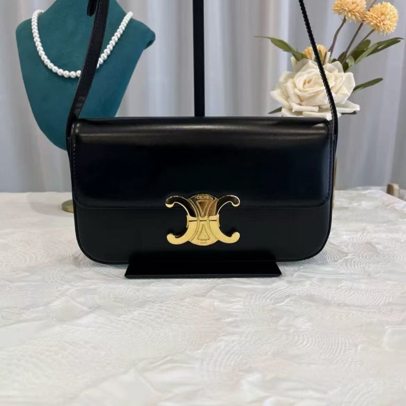 Celine Triomphe 黑金亮面小牛皮腋下包 99新 20.5*11 配件塵袋-0