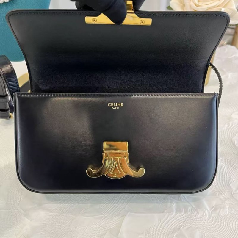 Celine Triomphe 黑金亮面小牛皮腋下包 99新 20.5*11 配件塵袋-1
